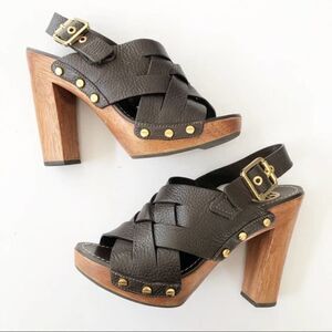 TORY BURCH Jodie Brown Leather Wooden Heels 7.5M